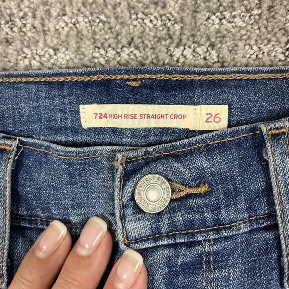Levis 724 High Rise Straight Crop Jeans Womens 26 Medium Wash Distressed Hem - Picture 5 of 12